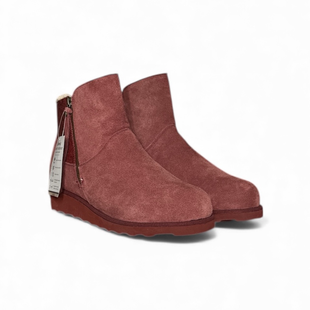 NWT BEARPAW MEGAN BEET SUEDE SHEEPSKIN WEDGE ANKLE BOOTS WATER REPELLENT SIZE 12 - Picture 2 of 15